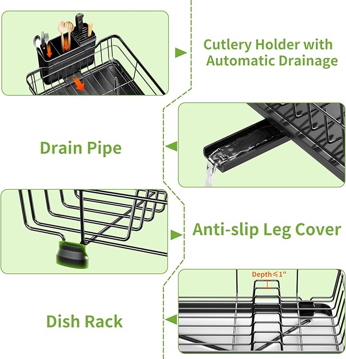 BULIJUJU Small Dish Drying Rack, Space Saving Dish Racks for Kitchen Counter, Kitchen Organizer Dish Drainer with Cutlery Holder for Spoons and Forks, 11''W x 15''L, Black