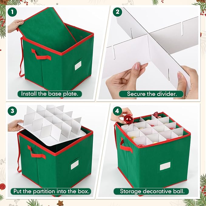 Chengu 2-pack Christmas Ornament Storage Stores up to 64 Christmas Ball Accessories Holder with Adjustable Dividers, Zippered Closure Two Handles for Holiday Ornaments and Xmas Decorations(Army Green)