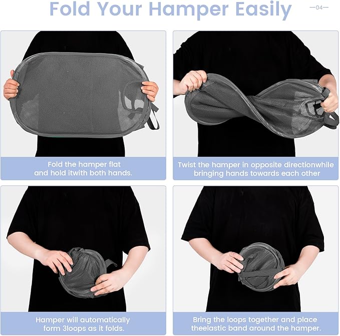 HOUSE AGAIN Mesh Popup Laundry Hamper, [Reinforced] Collapsible Laundry Basket, Foldable Pop Up Hamper with Durable Handles, Easy to Open and Fold for Dorm, Laundry Room, Bedroom, RV, (Grey）