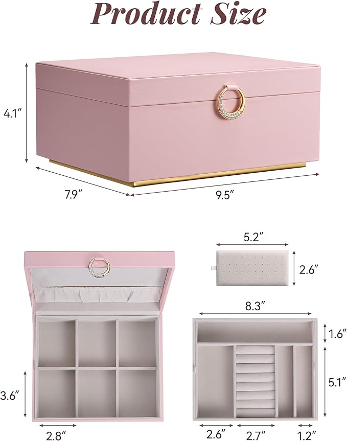 pickpiff 2 Layer Jewelry Box Organizer for Women, Jewelry Organizer with Handle & Removable Tray, Necklace Holder Ring Earring Storage, Velvet Lined Jewelry Case for Home or Travel, Gift Ready, Pink