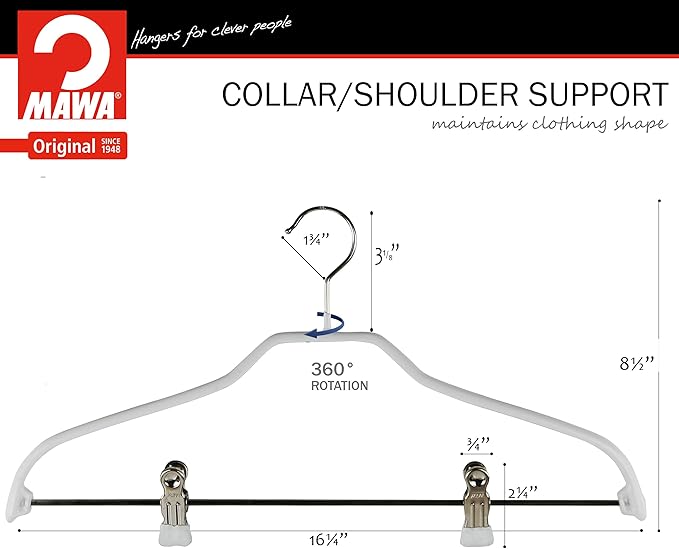Mawa by Reston Lloyd Silhouette Series Non Slip Space Saving Hanger with Pant Clips, Style 40/FK,Set of 70, White