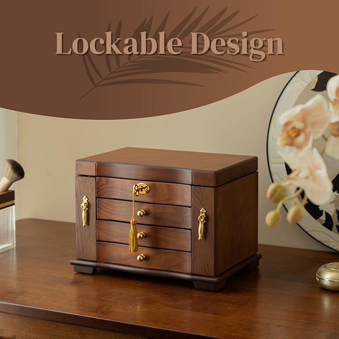 KINTNESS Black Walnut Wooden Jewelry Box with Lock - 3 Drawers Large Jewelry Organizer for Women Girls with 2 Side Storage Space and A Mirror, Jewelry Safe with Key for Bracelet, Necklace, Ring