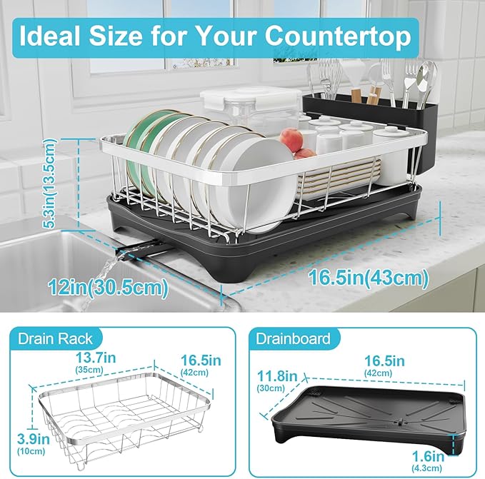 HOMEBOSILY Dish Drying Rack 304 Stainless Steel Dish Rack with Drainboard,Space Spaving Auto-Draining Drying Racks for Kitchen Counter,Large Capacity Dish Racks for Bowls, Cups, Dish Drainer Black