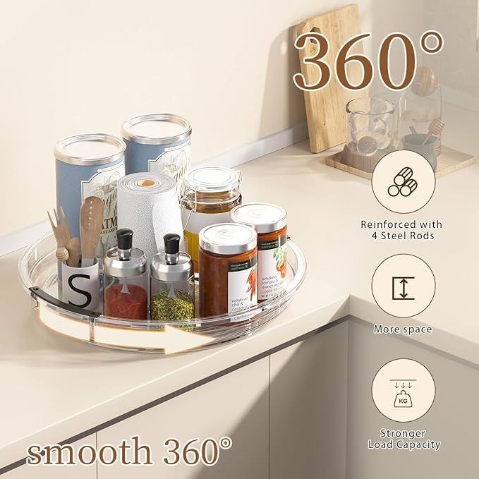 KEGFRE 3 Pack Lazy Susan Organizer, Rotating Turntable Spice Rack for Kitchen Storage, Pantry, Cabinet, Fridge & Countertop, Condiment & Seasoning Holder, 9.25", 10.6", 12", Clear
