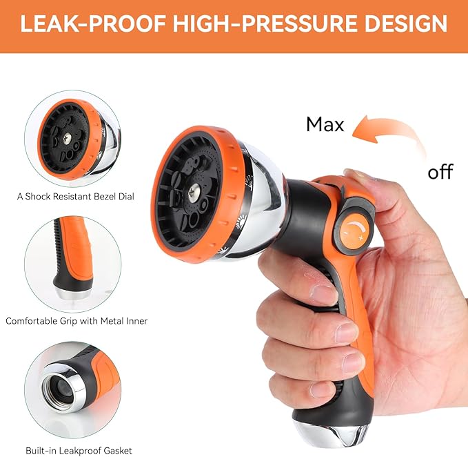 AnyEasy Garden Water Hose Nozzle Metal Heavy Duty Sprayer Thumb Control with 10 Spray Modes Suitable for Watering Plants, Iawn and Garden, Car Washing, Cleaning, Showering Pets and Outdoor Fun, Orange