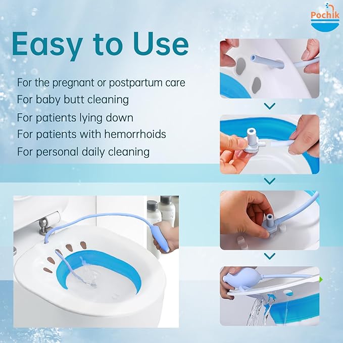 Pochik Sitz Bath for Toilet Seat Hemorrhoids and Postpartum Care, Yoni Steam Seat, Perineal Soaking, Collapsible, Flusher Hose, Drain Holes, Wider Seating Area - Blue