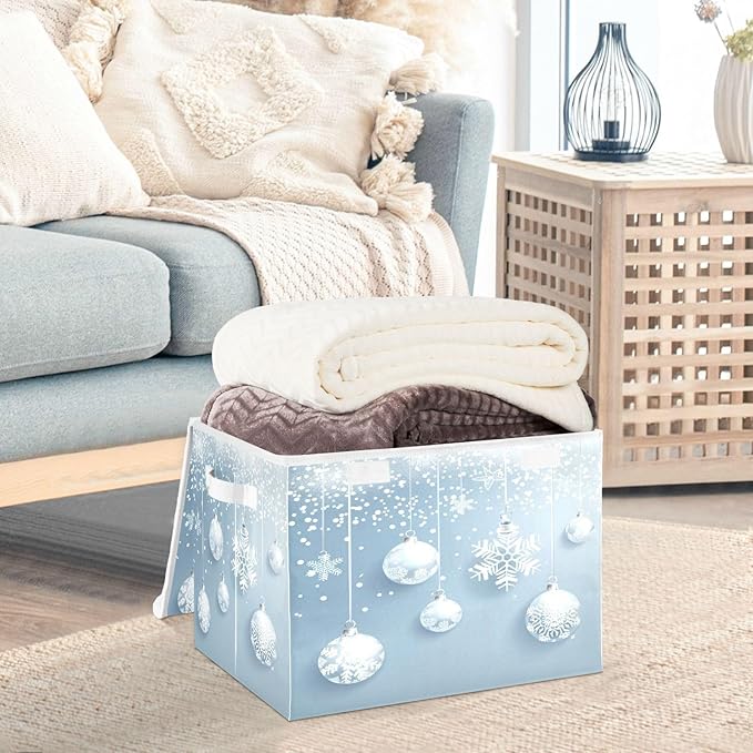 senya Christmas Baskets Collapsible Storage Bins with Lids, Christmas Balls White Snowflakes Storage Boxes Clothes Baskets for Organizing