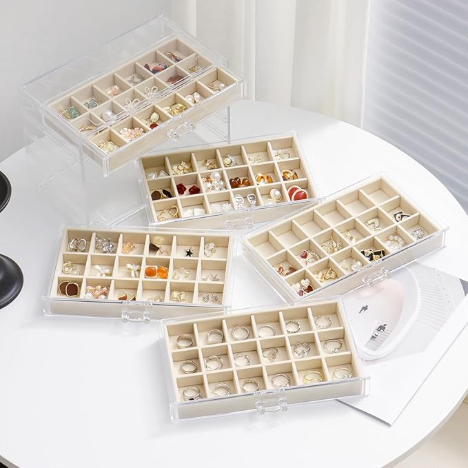 Jewelry Organizer with 5 Drawers Clear Acrylic Earring Display Case Velvet Jewelry Storage Box Display Holder for Earring Ring Bracelet Necklace (Beige, 90 Grids)