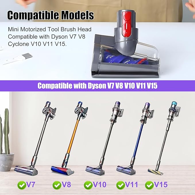 Mini Motorized Tool Brush Head for Dyson V7 V8 V10 V11 V15 Cordless Vacuum Cleaner Head Anti-Tangle Pet Hair Attachment for Bed, Couch, Car, Carpet &Curtain