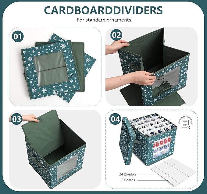 Christmas Ornament Storage Box, Green Snowflakes Christmas Ornament Boxes Storage, Fits 83 Christmas baubles 3cm-8cm, suitable for Holiday Ornaments - 600D Oxford Christmas Ornament Organizer