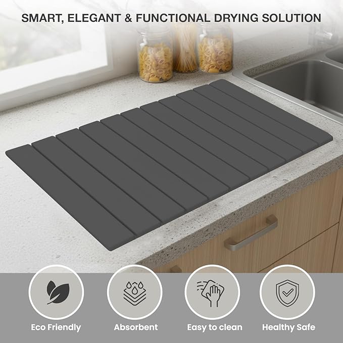 Large Stone Dish Drying Mat for Kitchen Counter, 24"x16", Fast Drying Collapsible, Diatomaceous Earth Mat, Super Absorbent Folding Mat for Dishes, Bottles, Glass, Heat-Resistant, Non-Slip (Dark Gray)