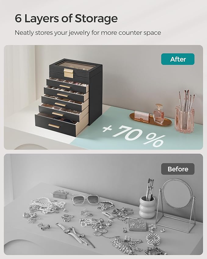 SONGMICS Jewelry Box Organizer with Glass Lid, 6-Layer Jewelry Storage, with 5 Drawers, Modern Style, 6.4 x 9.9 x 11.4 Inches, Graphite Black and Gold Color UJBC171B01