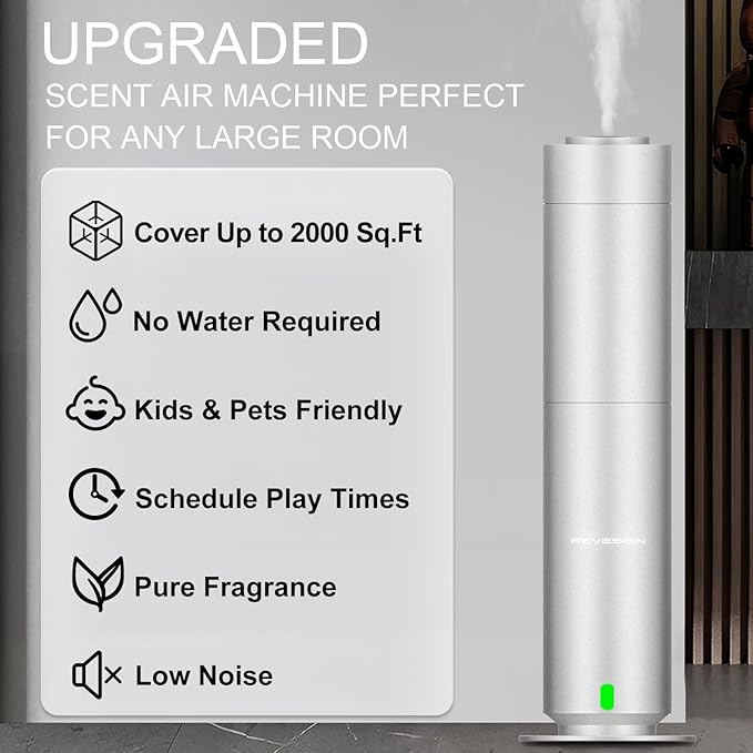 Waterless Scent Diffuser Kit, Includes 5 Premium Oils, 2000 Sq.Ft Coverage, Hotel Collection Scent Diffuser for Home, Studio, Essential Oil Diffuser Large Room, Remote & APP Control - Silver