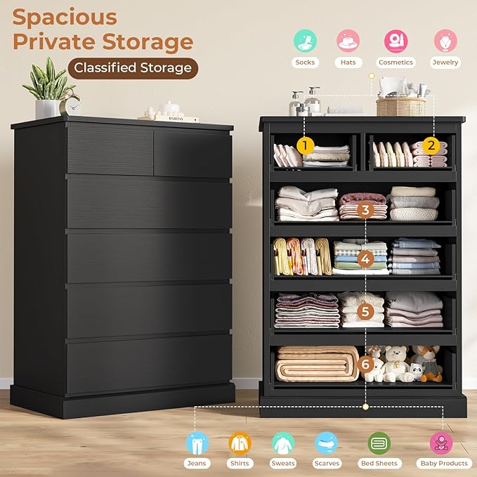 DICTAC Black Tall Dresser for Bedroom with 6 Drawers, 43.9" Tall Dressers & Chests of Drawers, Modern Wood Closet Organizer and Storage Cabinet, Large Vertical Dresser for Bedroom, Closet, Hallway