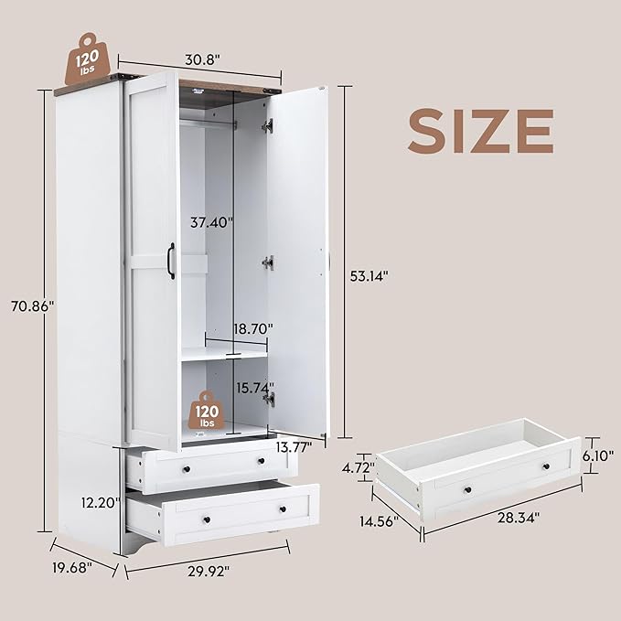Brafab Armoire Wardrobe Closet with 2 Modern Doors, 71" Tall Freestanding Closet Wardrobe Cabinet with Drawers and Hanging Rail, Light Wooden Storage Cabinet with Shelve for Bedroom (White, 2 Doors)