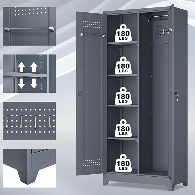 73" H Garage Storage Cabinet,Broom Closet Storage Cabinet with Adjust Shelves,Utility Cabinet,Utility Closet for Garage,Office,Gray