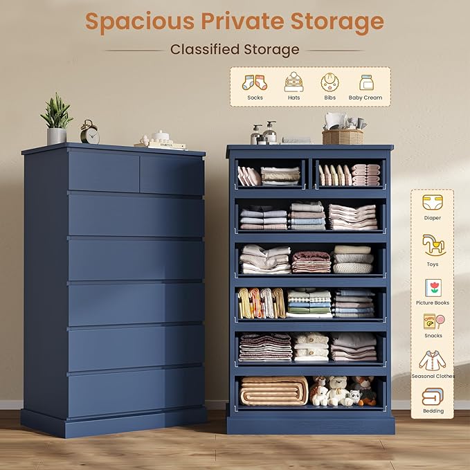 DICTAC Tall Dresser for Bedroom with 7 Drawers, 51.8" Tall Blue Dressers & Chests of Drawers, Modern Wood Closet Organizer and Storage Cabinet, Large Vertical Dresser for Bedroom, Closet, Hallway