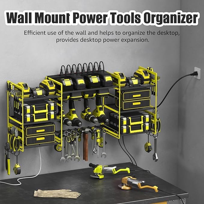 CCCEI Green Power Tool Organizer Wall Mount, Large Tools and Battery Storage Rack Charging Station Individual Switches. Drills Holder, Garage Utility Shelves with 6FT Power Strip. Gift for Men.