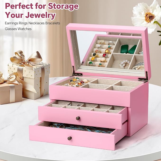 Meangood Jewelry Box Organizer for Women, 3 Layer Large Jewelry Storage Case, Rustic Wooden Jewelry Box with Mirror & Ring Tray for Necklace Earring Bracelets Rings, Vintage Style (Pink)
