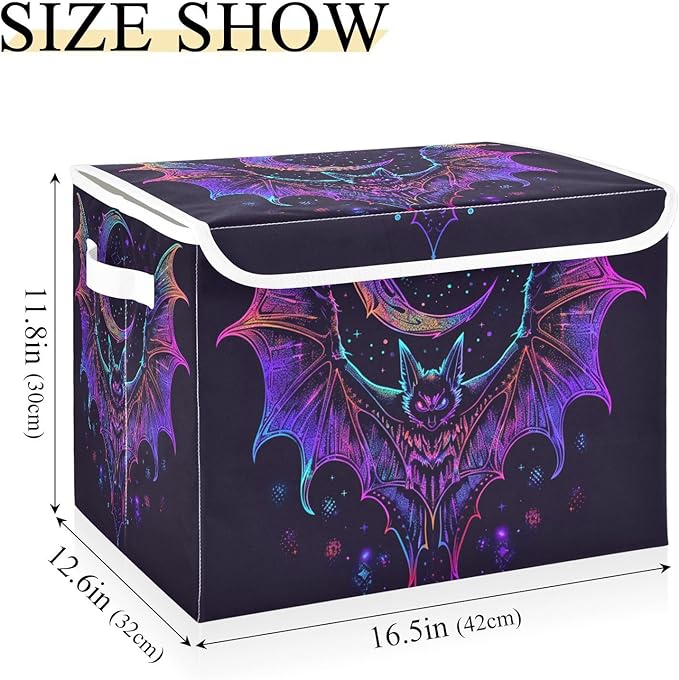 senya Halloween Baskets Collapsible Storage Bins with Lids, Neon Bat Crescent Storage Boxes Clothes Baskets for Organizing, B06D22020