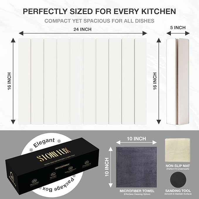 Large Stone Dish Drying Mat for Kitchen Counter, 24"x16", Fast Drying Collapsible, Diatomaceous Earth Mat, Super Absorbent Folding Mat for Dishes, Bottles, Glass, Heat-Resistant, Non-Slip (White)