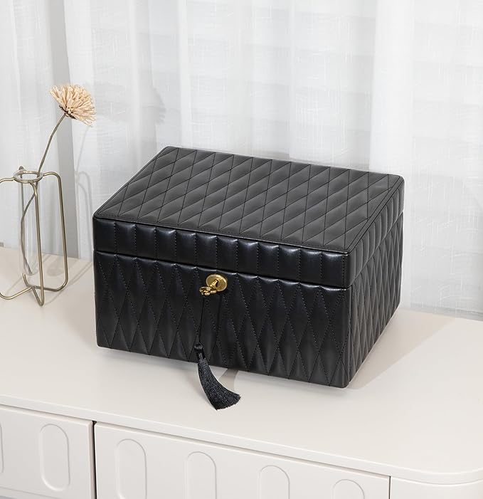 Genuine Leather Jewelry Box - 3 Layer Large Jewelry Organizer with Mirror, Lockable Jewelry Box for Women - Necklace, Ring, Earring Organizer with Drawer - Valentine's Day Gift (Black)