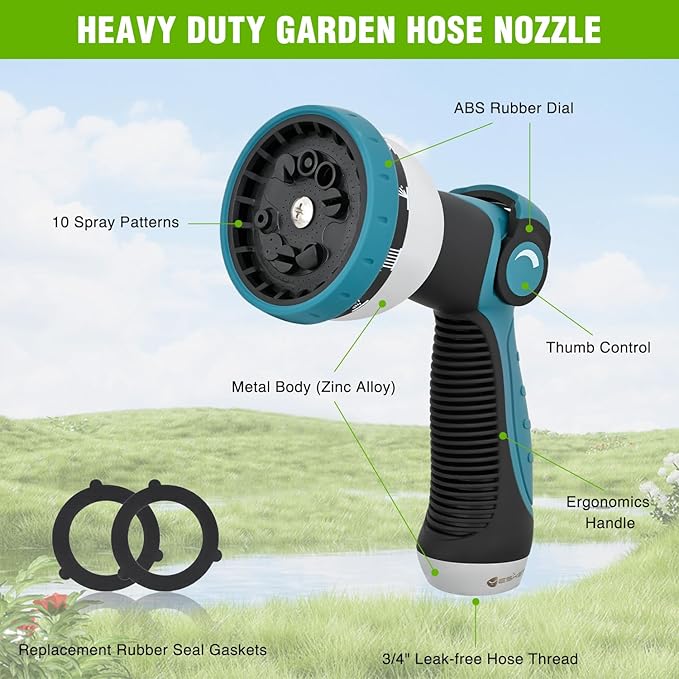 Yesker Garden Hose Nozzle Water Hose Sprayer Nozzle Adjustable 10 Spray Patterns Heavy Duty Metal Nozzles Thumb Control w Non-Slip Grip for Outdoor Watering Plants Lawn Washing Car Pets, Black & Blue