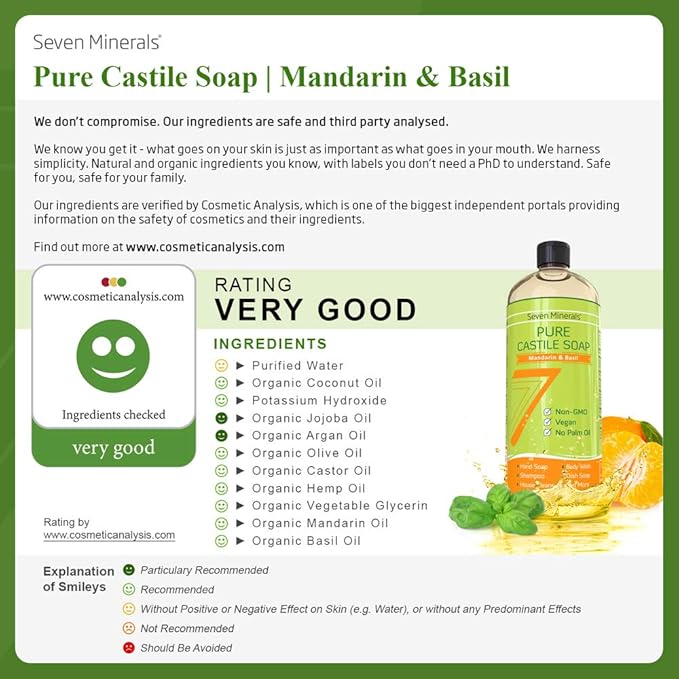 Seven Minerals Pure Castile Soap, Mandarin Basil - No Palm Oil, GMO-Free - Gentle Liquid Soap For Sensitive Skin & Baby Wash - All Natural Vegan Formula with Organic Carrier Oils (33.8 fl oz)
