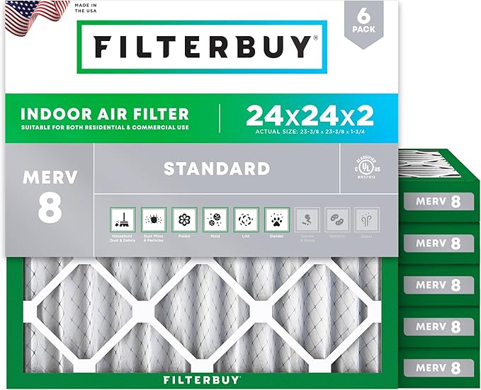 Filterbuy 24x24x2 Air Filter MERV 8 Essential Dust & Allergy Defense (6-Pack), Electrostatic Pleated HVAC AC Furnace Filters Replacement, Made in USA (Actual Size: 23.38 x 23.38 x 1.75)