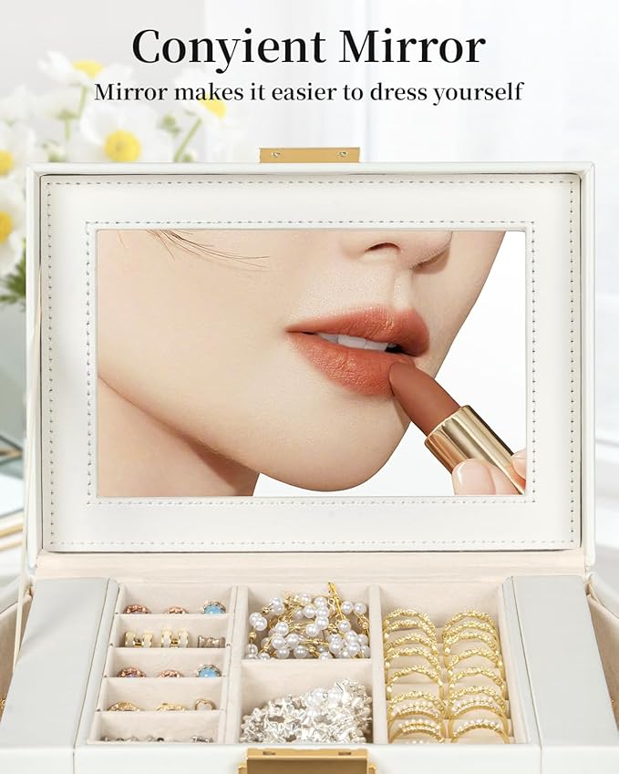 TORIBIO Jewelry Box for Women, Leather Jewelry Organizer with Mirror & Lock, 4-Tier Jewelry Storage Organizer with 3 Drawers for Girls/Women/Mothers, Necklace Earring Bracelets Holder Organizer