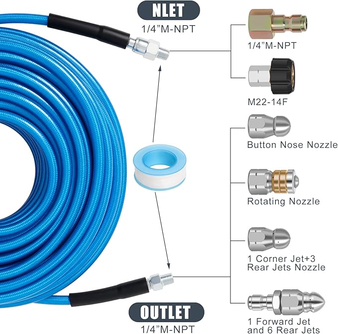 200 FT Sewer Jetter Kit for Pressure Washer, 5800PSI Water Jet Drain Cleaner Hose, 1/4 Inch NPT Corner with 4 Sewer Jetting Nozzles, Pearl Corsage Pin, Waterproof Tape, Handle Strap&2 Spanner (Blue)