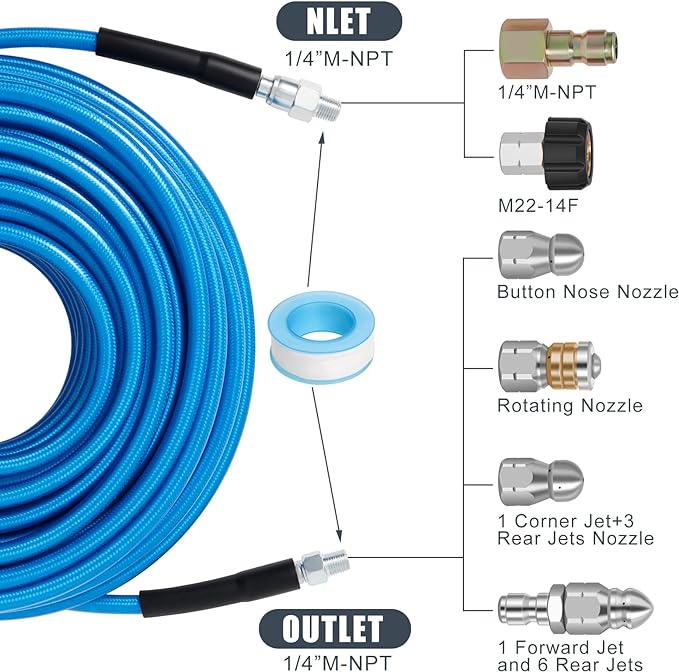 100 FT Sewer Jetter Kit for Pressure Washer, 5800PSI Water Jet Drain Cleaner Hose, 1/4 Inch NPT Corner with 4 Sewer Jetting Nozzles, Pearl Corsage Pin, Waterproof Tape, Handle Strap&2 Spanner (Blue)