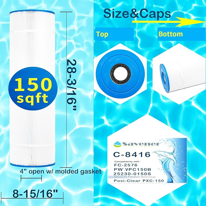 Savener® C-8416 Pool Filter Cartridge, Replaces FC-2576, PWWPC150B, PXC-150/25230-0150S, ProClean 150/817-0150P, 08059/81504, 25230-0150S, PXC-150, 817-0150P, FC-2576, 150 Sq. Ft, 1 Pack