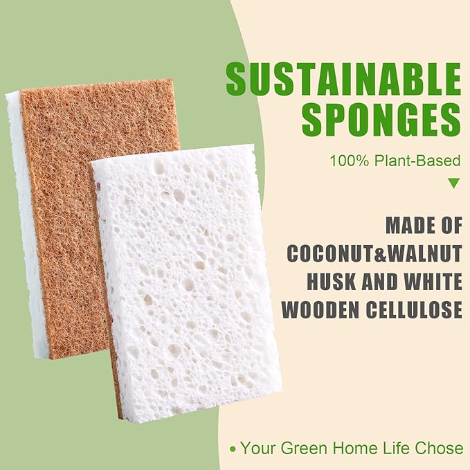 PANYEE Biodegradable Natural Kitchen Sponge，Eco Friendly Sponges for Dishes,Compostable Cellulose Sponge with Natural Plant Based Coconut Walnut Sustainable Scrubber Pack of 12