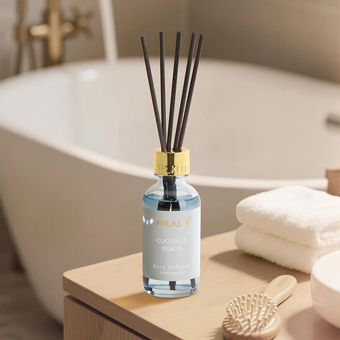 Airkeep Reed Diffuser Set, 3.38 fl oz (100 ml) - Coconut Beach Oil Diffusers with 8 Reed Sticks, Home Fragrance Reed Diffuser for Bathroom Shelf Decor