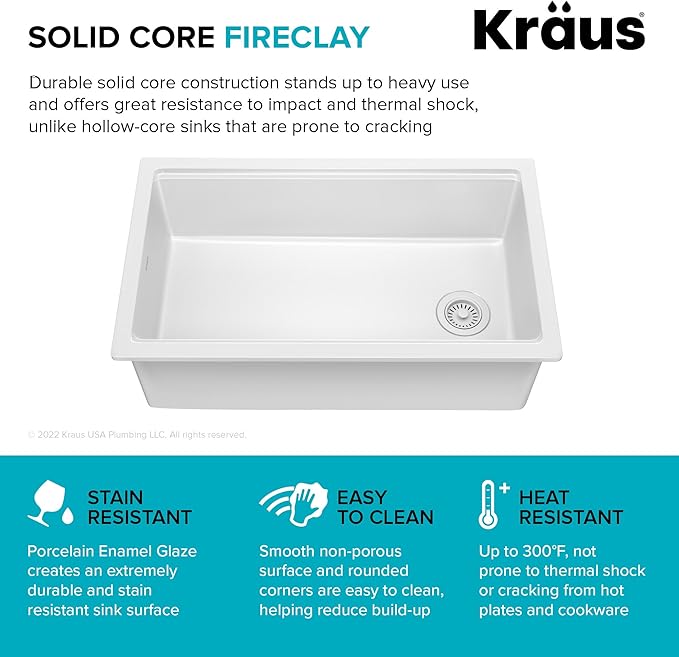 KRAUS Turino 33-inch Fireclay Workstation Drop-In/Undermount Single Bowl Kitchen Sink in Gloss White, KFDW1-33GWH