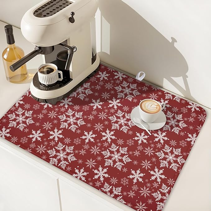 Christmas Dish Drying Mat for Kitchen Counter 24x18 Inch Xmas Snowflake Drying Mat with Absorbent Reversible Microfiber Red Dish Drainer Mats Rack Pad for Coffee Countertop Protector