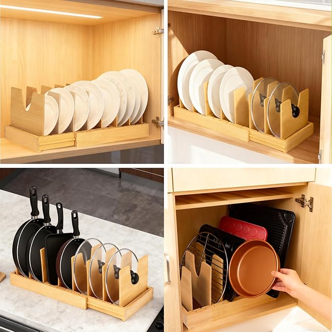 VKDDM Pots and Pans Organizer for under Cabinet - Expandable Bamboo Pot Lid Organizer, Bakeware and Cutting Board Organizers, Drawer Pot Lid Holder Rack for Kitchen Organizers and Storage