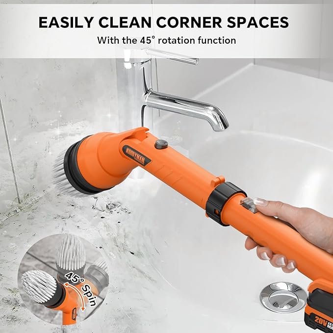 1000RPM Electric Spin Scrubber, 20V Cordless Cleaning Brush with Adjustable Extension Arm, 4 Replaceable Cleaning Heads, Hook and Gloves, 1 Hour Fast Charge, Waterproof - for Bathroom/Tub/Tile/Floor