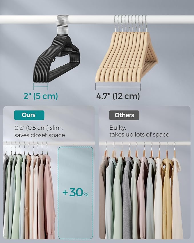 SONGMICS Pack of 50 Coat Hangers, Heavy-Duty Plastic Hangers with Non-Slip Design, Space-Saving Clothes Hangers, 0.2” Thickness, 360° Swivel Hook, 16.5” Long, Black and Gray