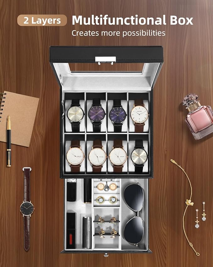 Uten 8-Slot Watch Box, 2-Layers PU Leather Watch Case with Glass Lid, Watch Holder Organizer with Soft Pillow and Velvet Lining, Watch and Jewelry Storage Box