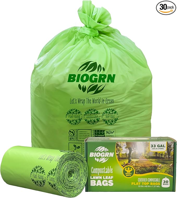 BIOGRN 30-33 Gallon Compostable Trash Bags Flat-Top 30 Bags Heavy Duty1.57 Mil, 124.92 Liter Large Lawn and Yard Waste Bag green for Outdoor Garden ASTM D6400, US BPI and OK Compost Home Certified