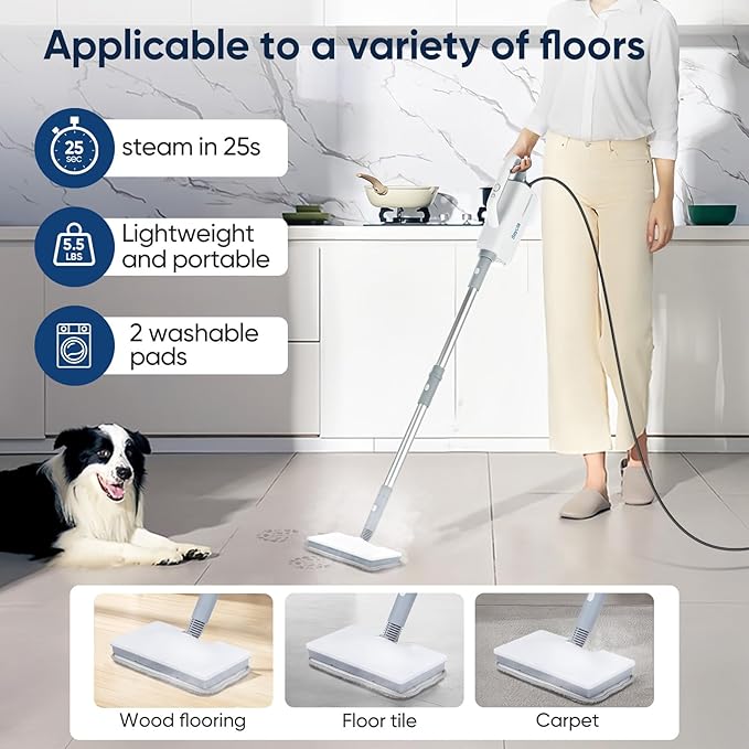 Seyola Steam Mop for Floor Cleaning, Steam Cleaner for Home with Handheld 6-in-1 Multi-function Attachments for Hardwood Floors, Clothes, Windows, Tiles Grout, Furniture Cleaning (White-Gray)