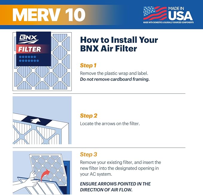 BNX TruFilter 18x20x1 MERV 10 (2-Pack) AC Furnace Air Filter - MADE IN USA - Pleated Air Conditioner HVAC AC Furnace Filters - Removes Odor, Mold, Bacteria, Smoke