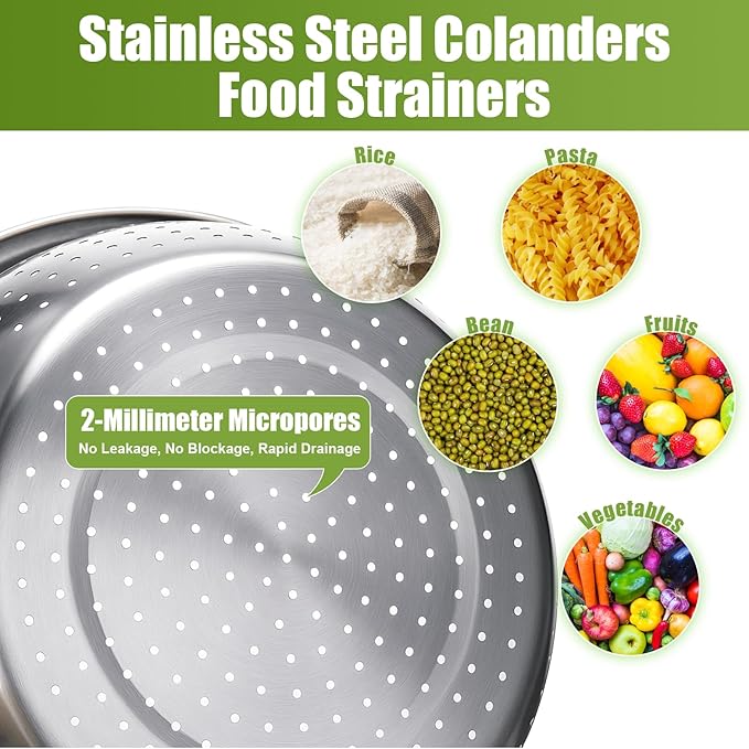 Palksky Stainless Steel Colander Set with Self-Draining Base, 3 Sizes Colanders & Food Strainers for Pasta, Rice, Fruits & Veggies, Metal Colander with Draining Plate for Sink or Countertop