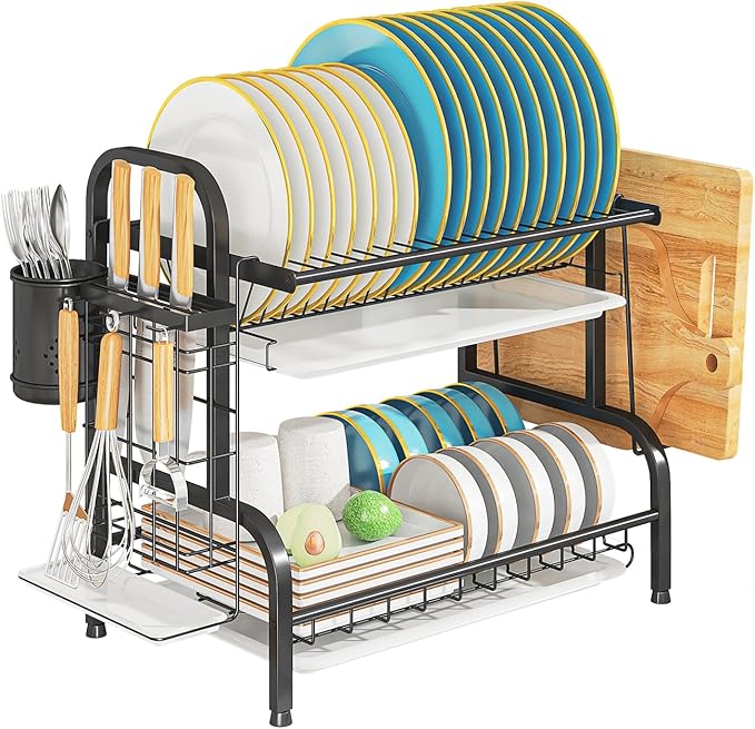LEGUANG 2-Tier Stainless Steel Dish Drying Rack, Space-Saving Kitchen Organizer for in/Over Sink/Counter, with Removable Drain Tray & Cutlery Holder & Utensil Holder, Black