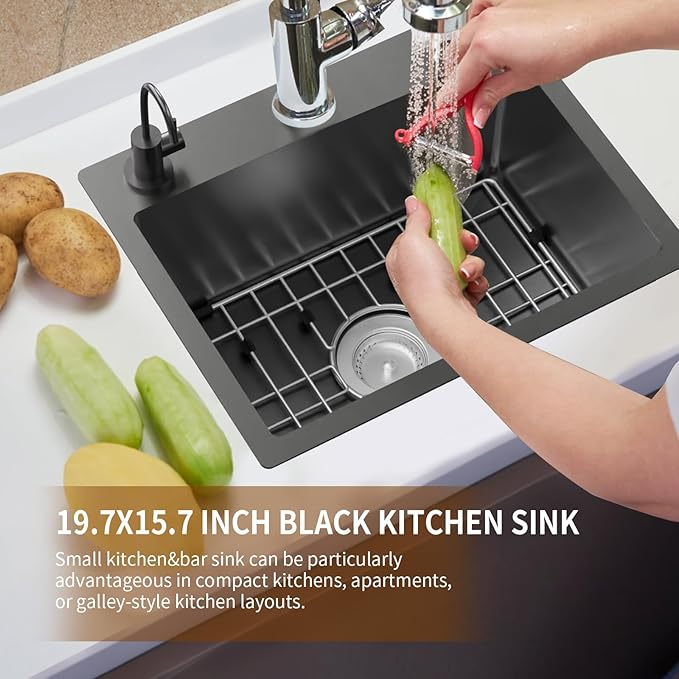 Black 19.7x15.7 Inch Kitchen And Bar Sink - Stainless Steel Drop In Small Single Bowl Kitchen Sink Come With Bottom Grid, Colander And Drain Assembly Set Ideal Choice For Small Spaces Kitchen&Bar