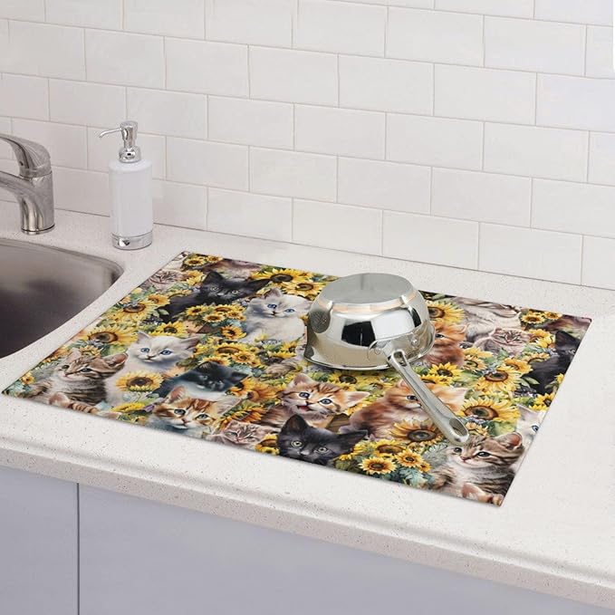 Cute Cat Dish Drying Mat 18 x 24 Inch for Kitchen Counter Cute Kitchen Mat Microfiber Kitchen Countertop Absorbent Reversible Drainer Rack Pad Dish Drying Mat