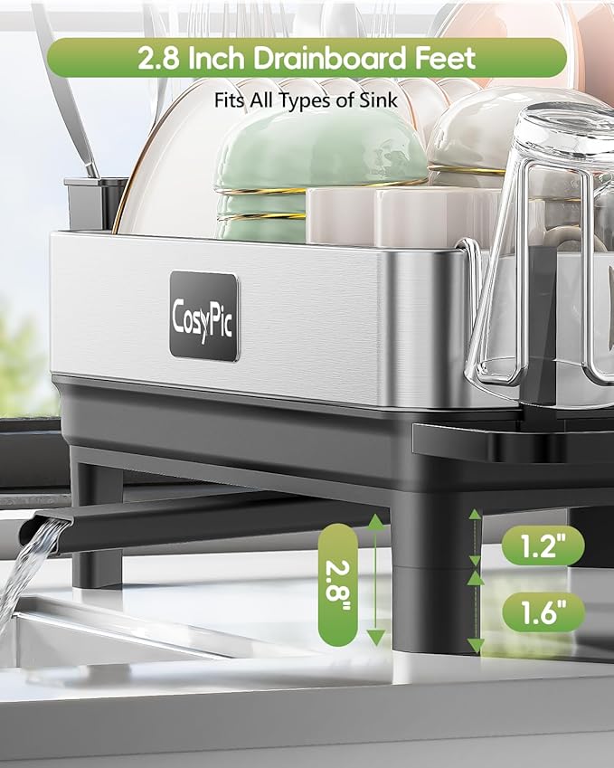 CosyPic Dish Racks, Thicker Premium 304 Stainless Steel Dish Drying Rack for Kitchen Counter, Automatic Drainage Spout, Dish Drainer & Drainboard Set with Utensil Holder and Cup Holder, Black