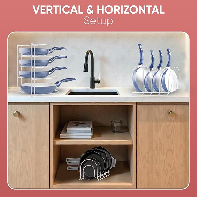 Extreme Matters Heavy-Duty Pots and Pans Organizer | 5-Tier Cookware & Lid Storage Rack | Free-Standing or Wall-Mount | Kitchen Organizer for Cast Iron Skillets, Pots, Frying Pans, Lids | White